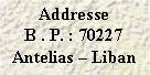 Text Box: Addresse
B . P. : 70227 Antelias  Liban 