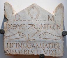 Funerary stele with the inscription ΙΧΘΥΣ ΖΩΝΤΩΝ ("fish of the living"), early 3rd century, National Roman Museum