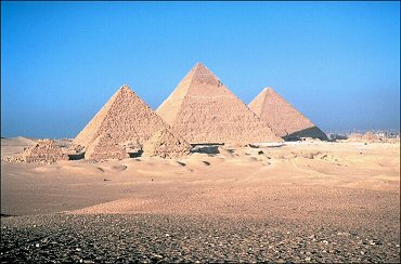 Egypt. Photograph of the Pyramids at Giza. Menkaure, Chefren, and Cheops. 